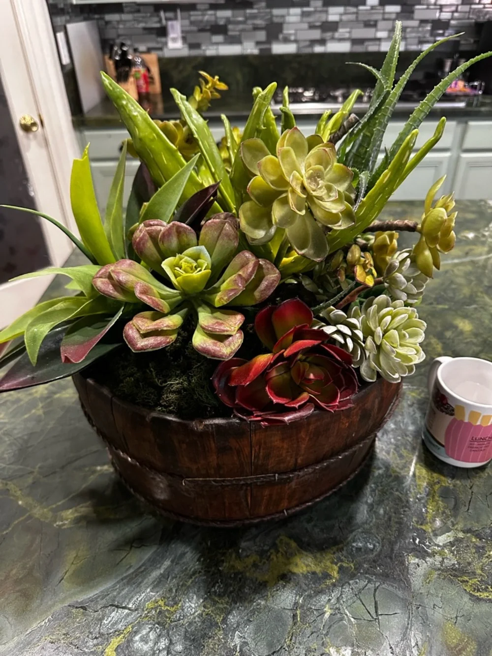 Succulent Barrel Arrangement -Green & Red Large rustic wood barrel planter 15x16